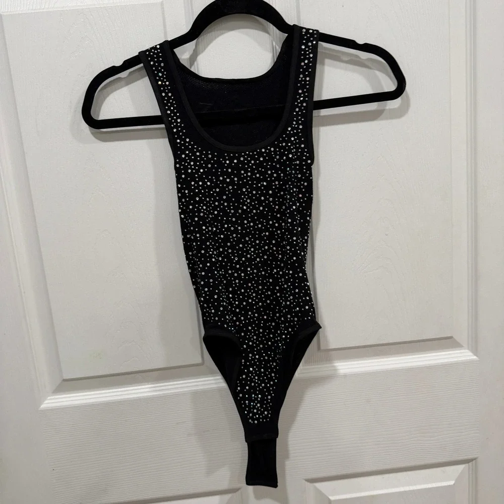 Intimately Free People Black‎ Rhinestone Studded Sleeveless Thong Bodysuit M/L
